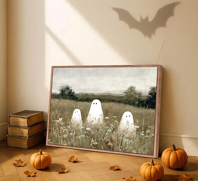 Framed Halloween Canvas Wall Art Wildflowers Meadow Ghost Poster Print Cute Ghost Picture Autumn Vintage Aesthetic Wall Decor for Bedroom Living Room 16x24in