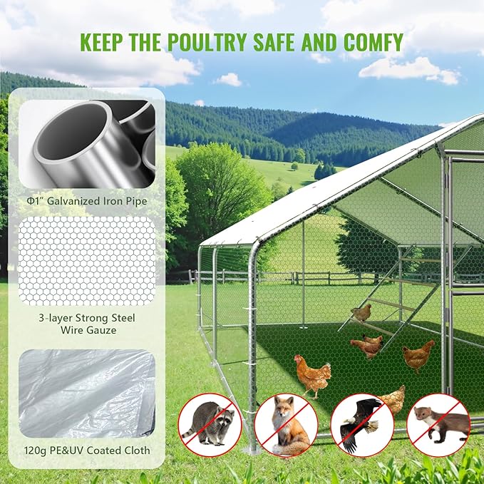 Large Walk-in Metal Chicken Coop, 10×20 FT Chicken Run with UV Cover, Split Feeding Door & Roosting Perch, for 20–30 Chickens
