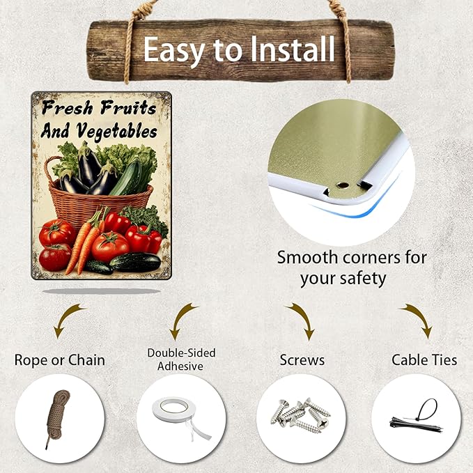 Vegetable Wall Decor Fresh Fruits And Vegetables Metal Tin Sign 12x16 Inch Funny Farmer's Market Tin Poster Retro Home Kitchen Garden Yard Restaurant Wall Decor