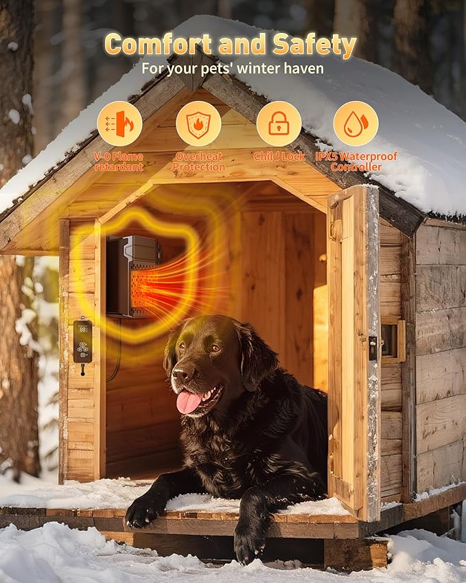PETNF Dog House Heater with Thermostat APP WIFI Control, 500W Dog House Heaters for Outside Doghouse kennel Chicken Coop, Outdoor Pet House Heater with External Temperature Probe&Adjustable Temp Timer
