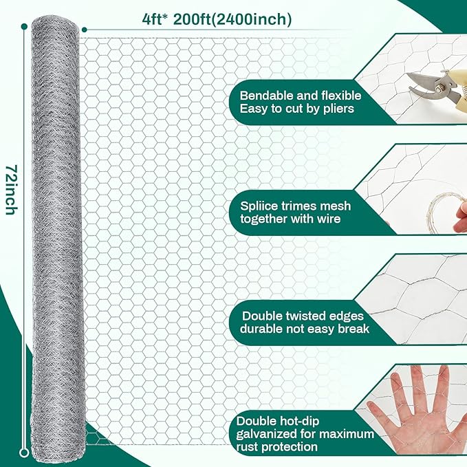 72 in x 200 ft Chicken Wire Fencing Metal Floral Chicken Wire Mesh for Crafts Poultry Garden, 1 Inch Hexagonal Galvanized Hardware Cloth Netting for Poultry Coop Barrier Rabbit Cage(Silver)