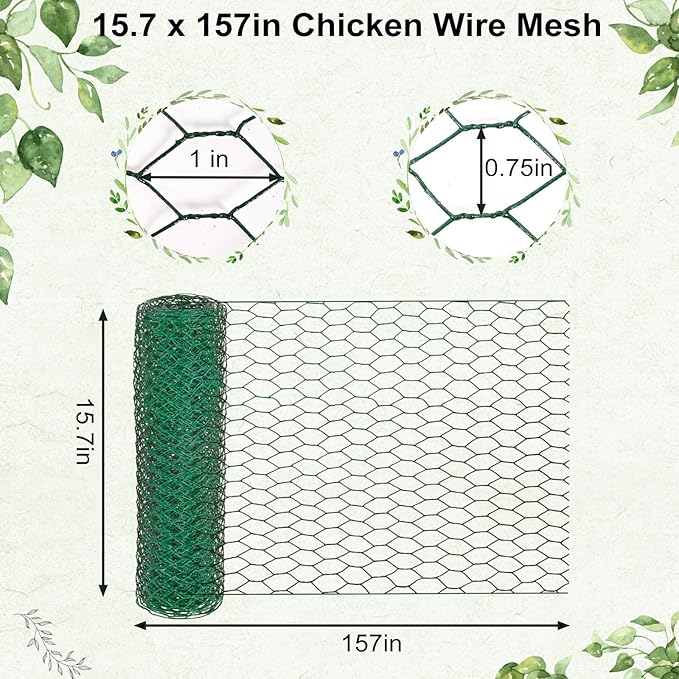 Chicken Wire for Floral Arrangements 15.7 x 157 in, Green PVC Coated Hexagonal Netting, Rust-Proof Garden Fence for DIY Crafts & Plant Protection, Ideal for Florists, Crafters & Gardeners