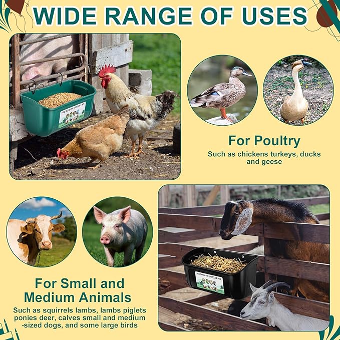 9 Pack Chicken Duck Feeder Waterer Hanging Goat Feeder Trough 2.5 Quart Livestock Feeding Trough with Scoop & Brush for Pig, Poultry, Fence Feeding, 22.5 Quart Total (Green,Black)