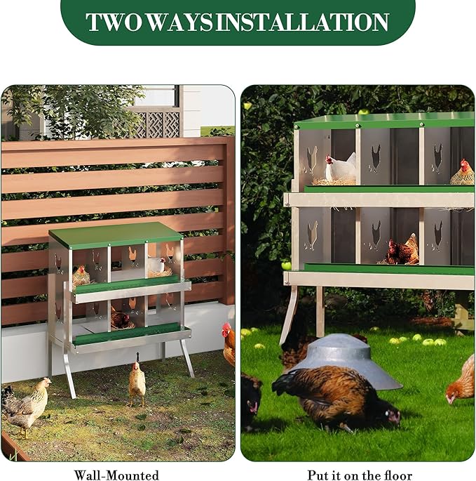 Chicken Nesting Boxes for Hens - 6&8&10 Compartments Roll Away Chicken Laying Boxes with Sturdy Metal Legs & Protective Lid Cover, Durable Galvanized Steel Construction, Easy Clean Design
