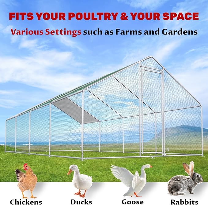 Chicken Coop Large Metal Chicken Run Pen for 20 Chickens Poultry Cage with Waterproof Cover for Walk-in Chicken Run for Yard Outdoor