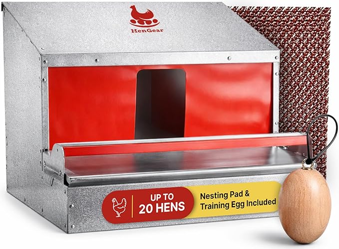 HenGear Nesting Boxes for Chickens, Nest Box with Rollout Egg Collection, Nesting Pads for Cleaner Eggs, Reversible Accessories for Chicken Coop, G90 Galvanized, Made to Last, Small, Up to 20 Hens