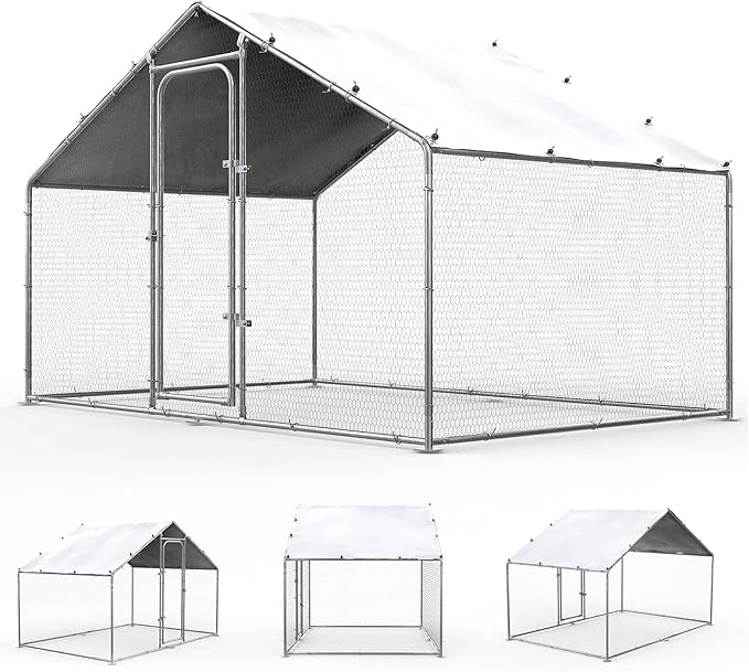 ORANLAND Large Metal Chicken Coop, Spire Chicken Runs for Yard with Cover, Walk in Chicken Coop with Security Lock and Waterproof Cover for Outdoor Farm Use