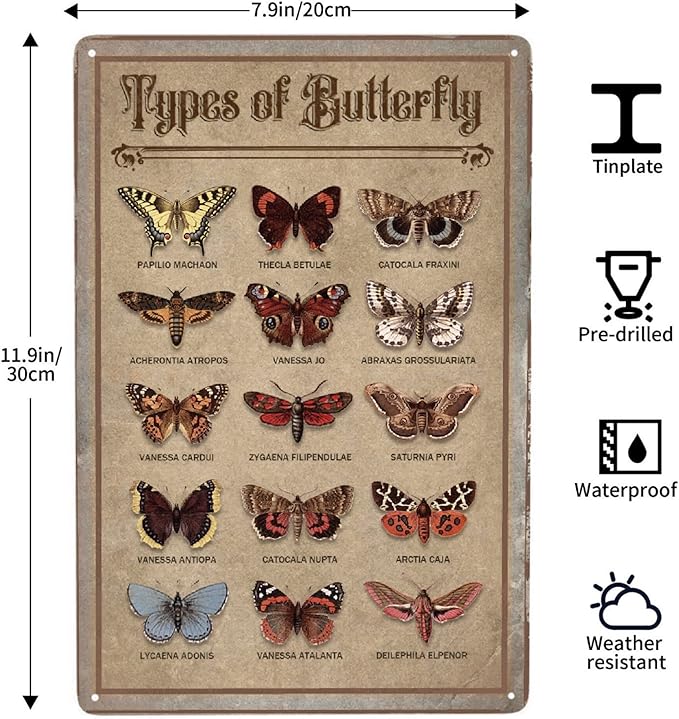 JOCASA Butterfly Vintage Aluminum Metal Sign Types Of Butterfly Poster Wall Decor-Retro Metal Tin Sign for Home Bedroom Kitchen Bar Home Cafe, Signs Gift,12''x 8''