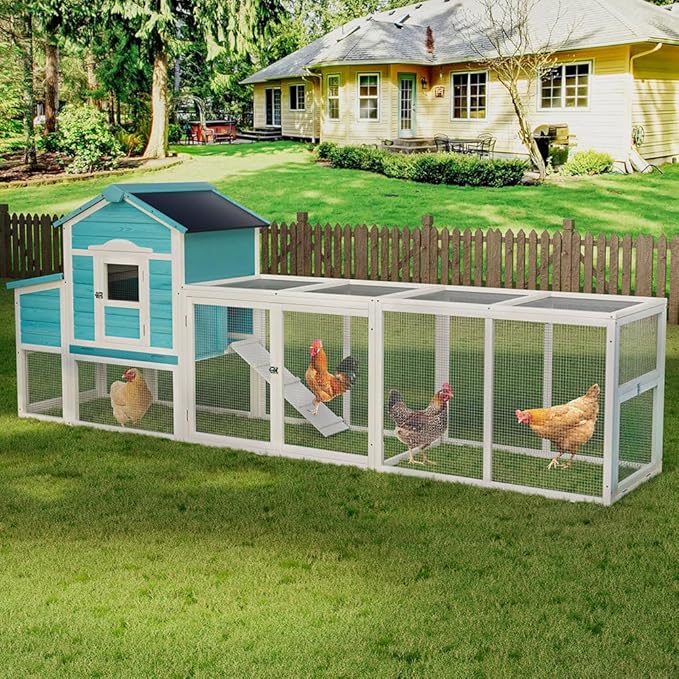 122" Large Chicken Coop for 3–6 Chickens, Outdoor Poultry Cage with Nesting Box, Ramp & Enclosed Run, Weatherproof Wood Hen House with Asphalt Roof, Pull-Out Tray & Predator-Proof Wire