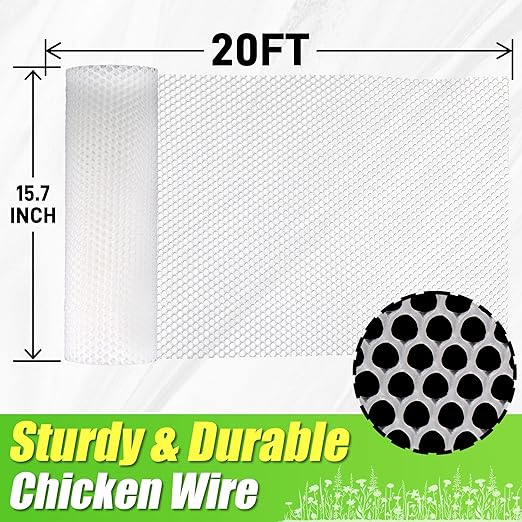 White Plastic Wire Mesh Fence Roll - 15.7IN x 20FT Plastic Chicken Wire Mesh for Poultry， Chicken Puppy Rabbit, Floral-Plastic Fence