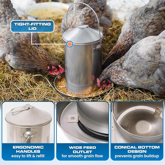 Plexon 6.6 Lb Hanging Chicken Feeder no Waste Food-Grade Stainless Steel - Turkey Duck Poultry Feeder for Chicken Metal - Heavy Duty Reliable Long-Lasting with Handle