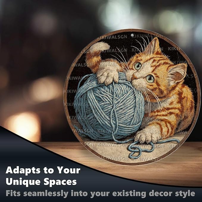 Vintage Orange Tabby Round Metal Sign Retro Yarn Ball Tin Sign Nostalgic Cat Lovers Wall Decor Decorations for Home Bedroom Living Room Cafe Bar Bathroom Shop 12 * 12 In