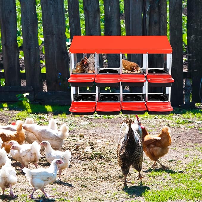 8-Compartment Heavy Duty Roll-Away Metal Chicken Nesting Box – Rustproof, Ventilated Hen Egg Collection System with Lid Cover & Swing Perch, Easy Clean, Red, No Bracket