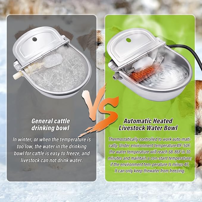 MINYULUA Automatic Heated Dog Water Bowl Stainless Steel Pet Thermal-Bowl Livestock Waterer Constant Temperature Dispenser for Dogs Cow Horse Pig Sheep Chicken Outdoor Drinking