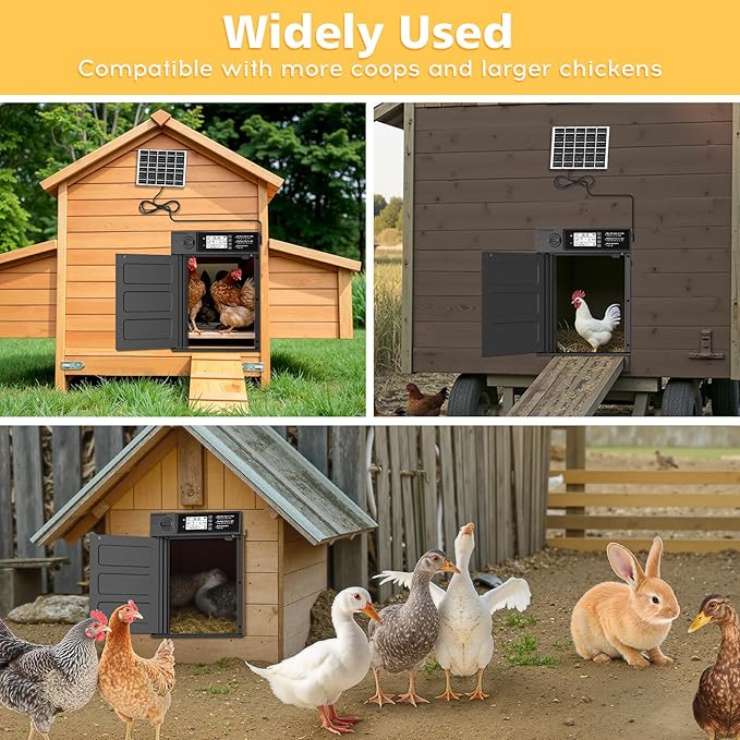 Large Size Automatic Chicken Coop Door Solar - Powered Auto Chicken Door Opener, Automatic Chicken Door with Timer/Light Sensor Modes, Intelligent Obstacle Sensors, Remote Control, 14.76"H x 11.02"L