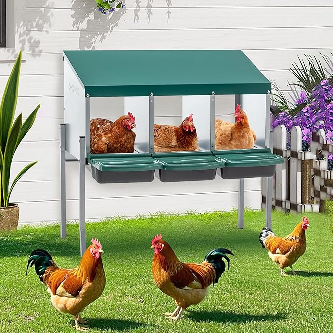 Chicken Nesting Box, 3 Compartment Wall Mount Metal Chickens Laying Boxes with Legs for Hens, Ducks, Roll-Out Egg Collection for Chicken Coop, Backyard, Farms, Green