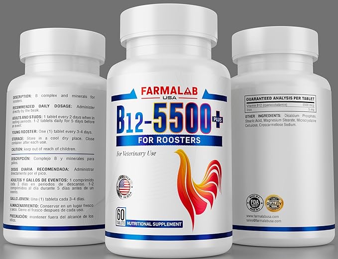 Farmalab B12 5500 Plus for Rooster Chicken Hens Poultry Gamefowl Plus para Gallos Gallinas Pollos Aves de Corral