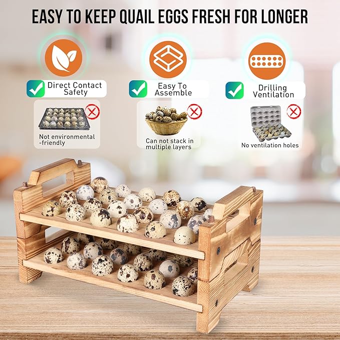 Stackable Wooden Quail Egg Holder Countertop-Expandable Storage Rack with 4 Bonus Egg Cups | Solid Wood Tray with Secure Interlocking Dowels for 48 Fresh Quail & Pigeon Eggs (Single or Multi-Tier Use)