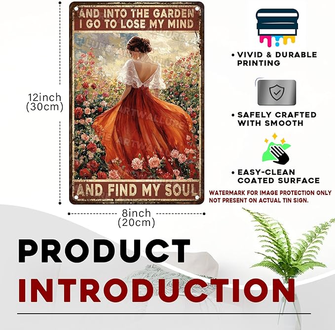 Garden Sign “And Into The Garden I Go” - Vintage Metal Tin Sign for Patio Yard Porch Outdoor Decor & Gardening Gift 8x12 Inch