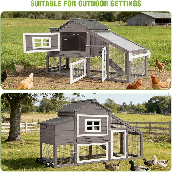 GUTINNEEN Large Chicken Coop with Wheels, Expandable Mobile Outdoor Chicken House, Hen House Poultry Cage with Nesting Box, Leakproof Pull-Out Tray & UV-Resistant Roof – Brown