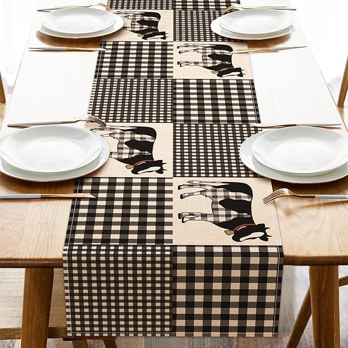Seliem Buffalo Plaid Check Cow Table Runner, Farm Animals Kitchen Dining Table Decor, Farmhouse Burlap Home Decoration Indoor Outdoor Party Supply 13 x 36 Inches