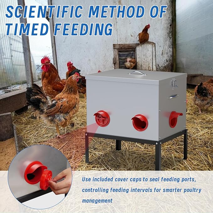 50LB Large Automatic Chicken Feeder,6 Port Large Metal Chicken Feeders,with Raise The Base Frame,Waterproof Galvanized Steel Poultry Feeder with Locking Lid for Chicken Coop