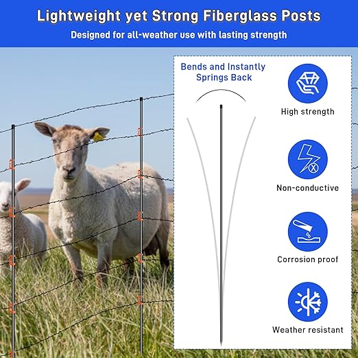 66Inch Fiberglass Electric Fence Posts 40Pcs, Temporary Graden Fence Post with 160 Adjustable Clips, Portable Step in Electric Fence Stakes for Farm, Garden and Horse Goat Sheep Small Animals Fences