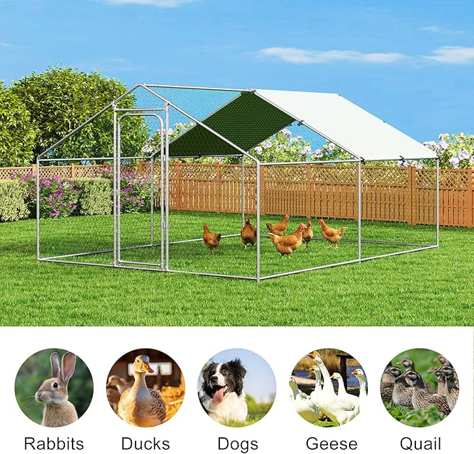 Large Metal Chicken Coop Pen Walk-in Poultry Cage with Waterproof and UV-Resistant Cover, Outdoor Chicken Run for Backyard Farm Use,Spire Roof(10’ W x 13.2’ L x 6.4’ H)