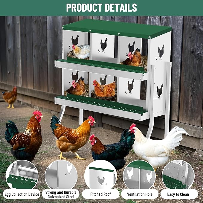 Chicken Nesting Box, 6 Hole 2 Layer Hen Nest Boxes with Legs, Roll Away Eggs Laying Boxes,Cleanable Pull Out Hen Roosting Boxes，Green