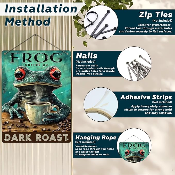 Coffee Themed Metal Tin Sign Frog Retro Wall Art Vintage Kitchen Decor Rustic Bar Cafe Tin Plaque Iron Painting 16x12 Inch