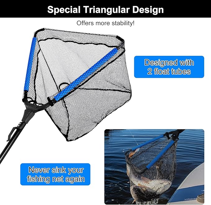 PLUSINNO Fishing Net Fish Floating Landing Net, Kayak Nets with Fixed Foldable Telescopic Pole Handle, Bass Trout Fishing Nets with Nylon Mesh for Pond Lake River, Fishing Gear Gifts for Men Anglers