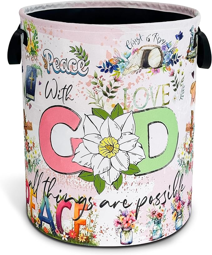 Christian Peace Laundry Basket God Bible Verse Oxford Cloth Laundry Hamper With Handle Foldable Portable Clothes Storage Basket 18.9 X 16.5 In Storage Bag For Laundry Room/Bathroom/Bedroom/Dormitories