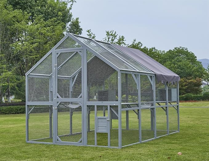 KEIKI 110"L Outdoor Large Chicken Coop with Waterproof Cover, Roosting Platform, Wire Mesh & 2 Lift Small Doors with Locks, Wood Chicken Coop House with Run for Cat Kitten Playpen, Duck, Rabbit, Quail