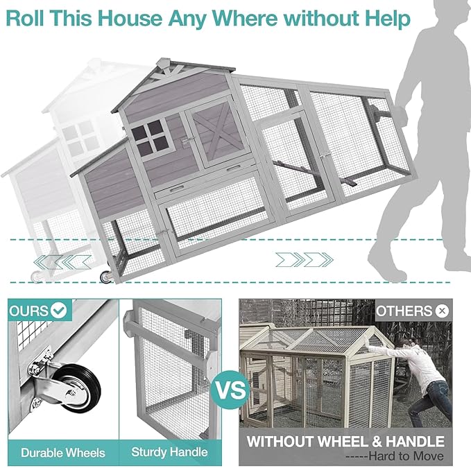 Outdoor Chicken Coop with Run, 2-Story Wooden Hen House with Wheels, Waterproof Roof & Pull-Out Tray for 2-4 Chickens (Grey)