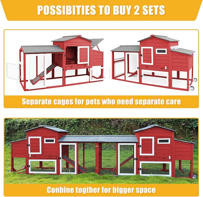 PetsCosset 136" Chicken Coop with Wheels, Backyard Wooden Hen House Outdoor for 1-6 Chickens, 2 Story Poultry Cage Chicken Coop and Run, Nesting Box, Pull Out Trays, Set of Two, (Red)
