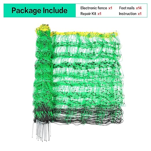 Electric Fence Netting, 49.6" H x 164' L, PE Net Fencing Kit with 14 Posts Double Spiked, Utility Portable Mesh for Sheep Hogs Goats Deer Dogs Lambs Used in Backyards Patio Farms Ranches, Green