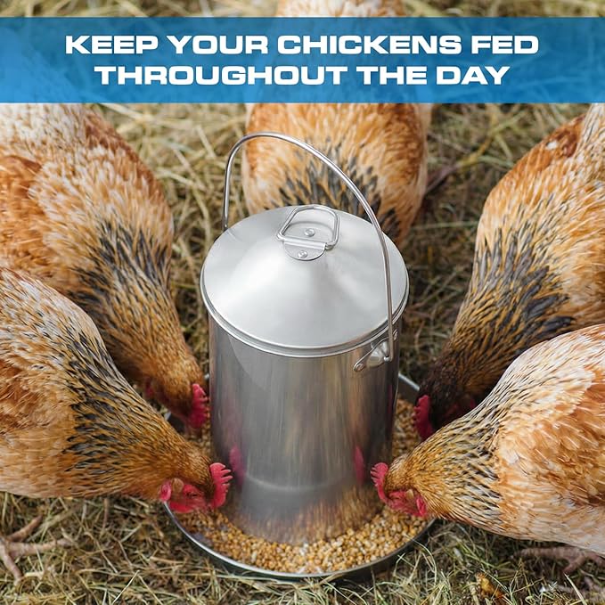 Plexon 6.6 Lb Hanging Chicken Feeder no Waste Food-Grade Stainless Steel - Turkey Duck Poultry Feeder for Chicken Metal - Heavy Duty Reliable Long-Lasting with Handle