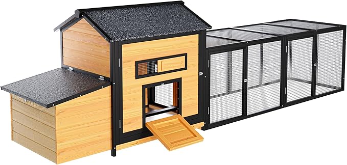 118'' Large Chicken Coop with Run, Wooden Duck Hen House for 3-5 Chickens, Outdoor Chicken Run Poultry Rabbit Cage with Nesting Box, Free-Range Door & Pull-on Tray Black