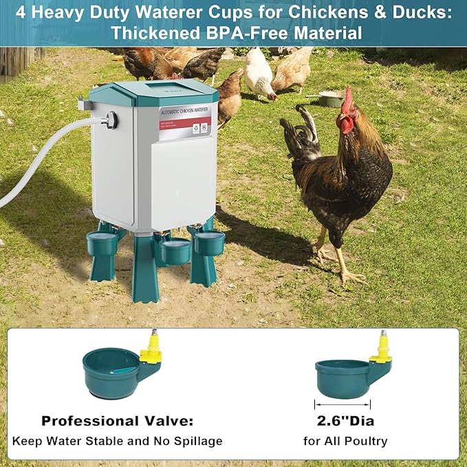 Automatic Chicken Waterer 2 Gallons, Float-Controlled Chicken Water Feeder with 4 Water Cups, 158.4-Inch Hose with 3/4'' and 1/2'' Ends, Large Poultry Waterer for Chick Quail Duck Turkey, Blue