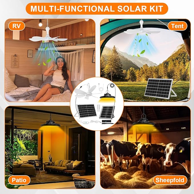 2 Set Solar Rechargeable Chicken Coop Shed Pendant Light, Solar Hanging Ceiling Fan with Remote Control Timing, Ventilation Lighting Kit for Chicken Coop Greenhouse Barn Camping Poultry