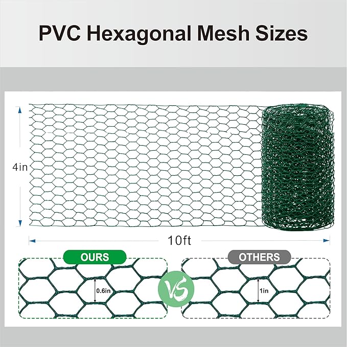 Wire for Floral Arrangements, Green Mesh, 0.6 Inch Hexagonal Galvanized PVC Coated Netting Fence for Crafts, Poultry (4 in x 10 ft)