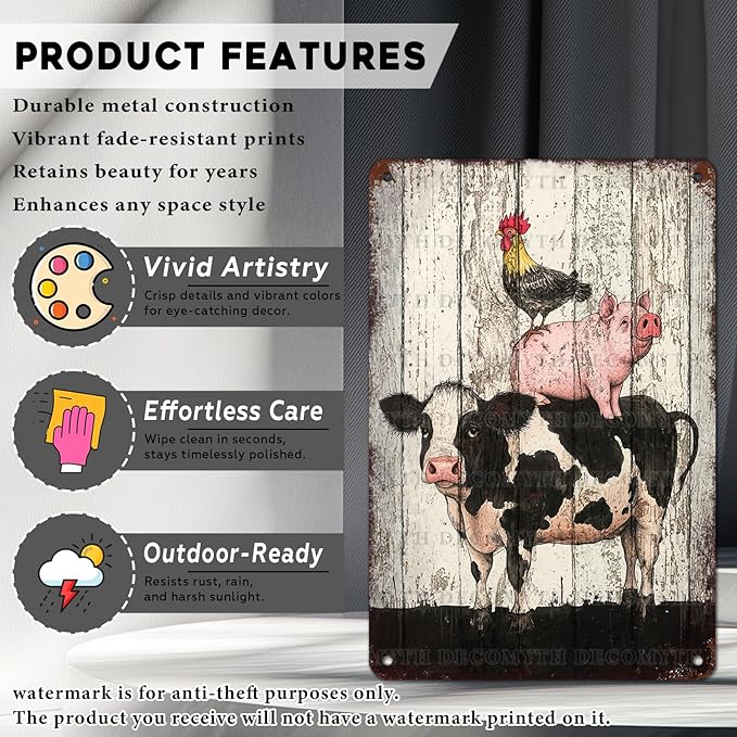 DecoMyth Vintage Chicken Cow Pig Tin Sign Retro Coop Wall Decor Nostalgic Art Funny Animals Rustic Metal Poster Outdoor Store Cafe Poultry House Pubs Farm Farmhouse 12 * 8inch
