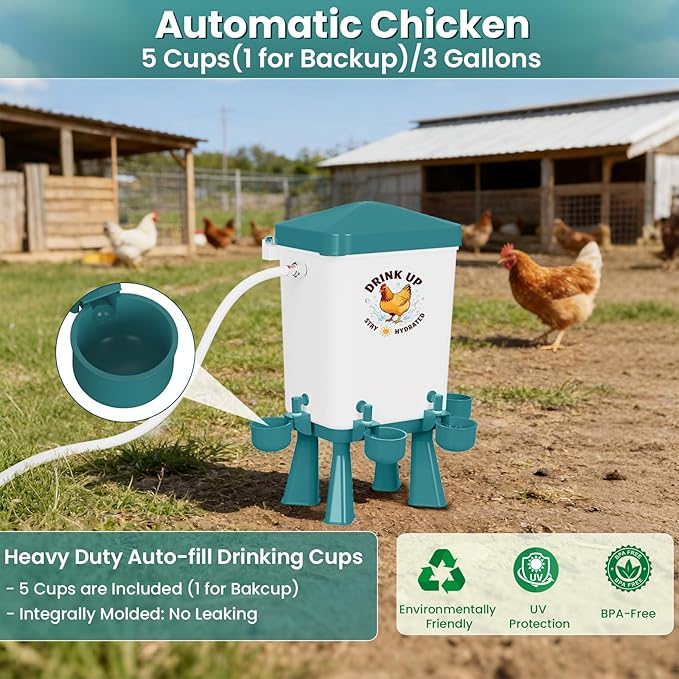 3 Gallon Chicken Feeder and Waterer Set, Large Chick Water with Automatic Float Valve, No Waste Poultry Feeding and Watering System, 4 Cups & 3 Ports, Chicken Coop Accessories for Pigeons/Quail (Blue)