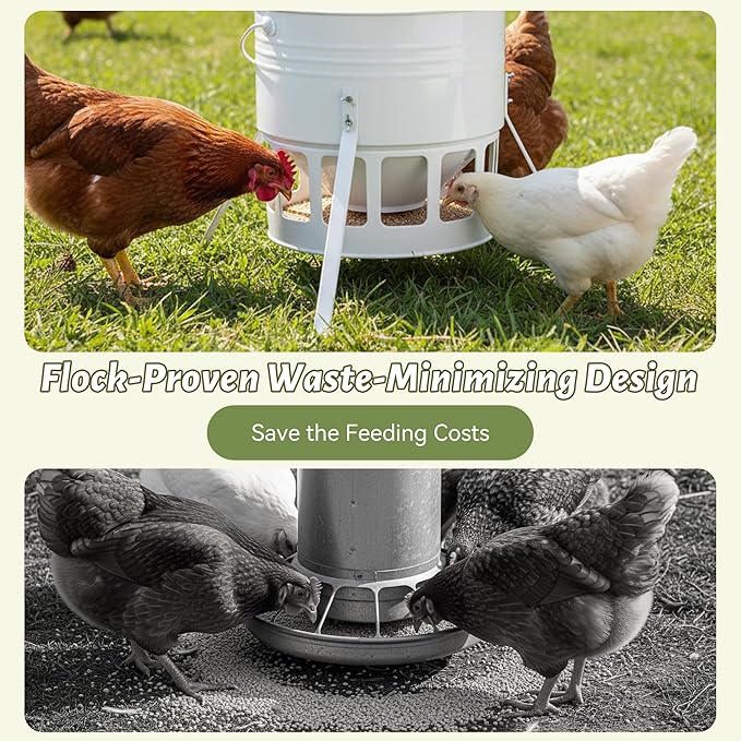 KOL Metal Chicken Feeder - 20lbs No Waste Chicken Feeder with 12 Ports, Powder Coated Rust-Proof Design & Smooth Edges for Safe Feeding (Jade White)