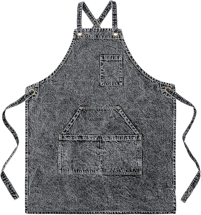 Cotton Denim Apron Soft - Unisex Adjustable Bib Apron with 5-Pockets Perfect for Kitchens