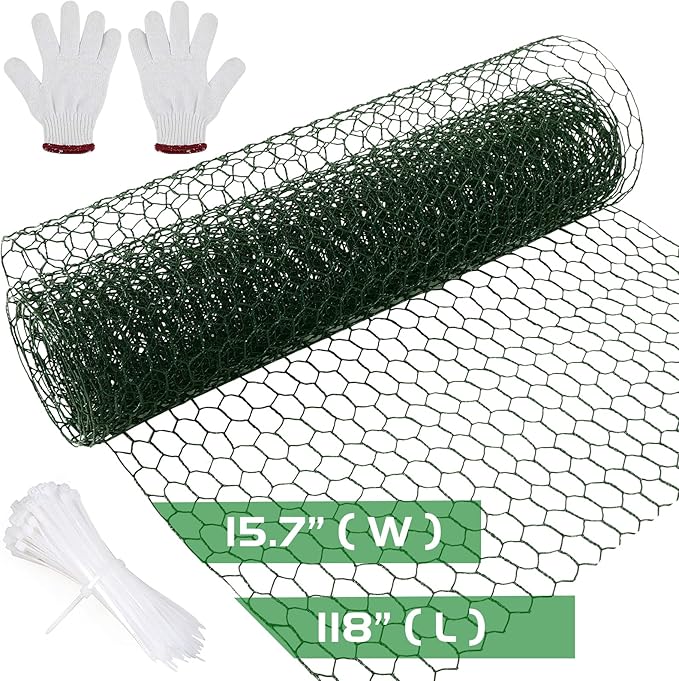 Aboofx Chicken Wire for Floral Arrangements 118 x 15.7 Inch Green Mesh Chicken Wire with 50 Zip Ties and 1 Pair of Glove Hexagonal Galvanized PVC Coated Netting Fence for Crafs Poultry Garden