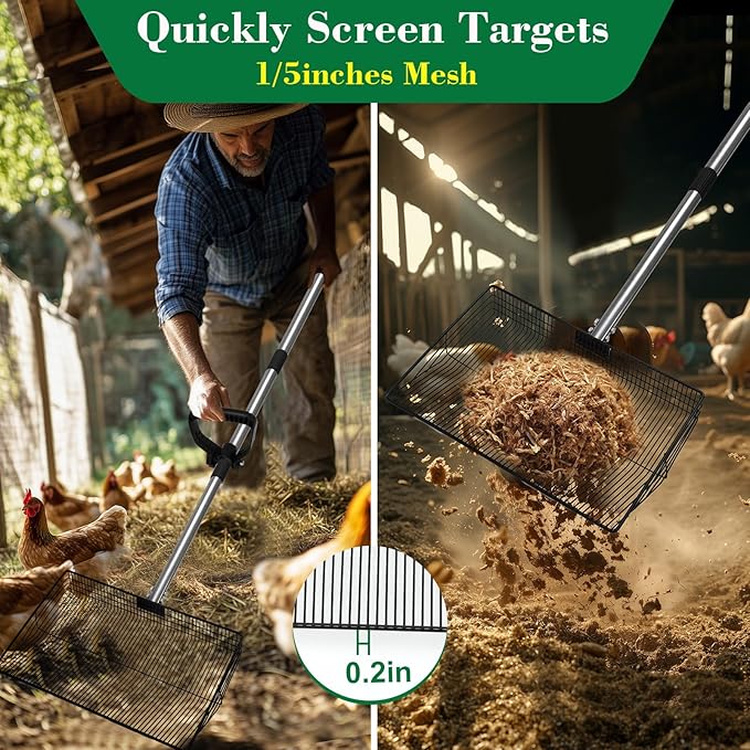 15-inch Chicken Poop Scooper with Ergonomic Grip, Adjustable 24"-63" Handle, 4-in-1 Multifunctional Litter Scoop for Chicken Coop, Goat Stall, Stable, and Pet Waste Cleanup