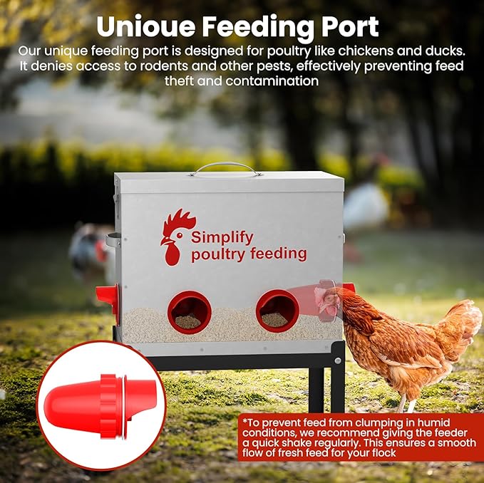 40 lb Large Automatic Chicken Feeder with 6 No-Waste Ports – Outdoor Metal Chicken Feeders with Adjustable Stand, Rodent-Resistant Design & Riveted Handles for Chickens, Ducks & Poultry
