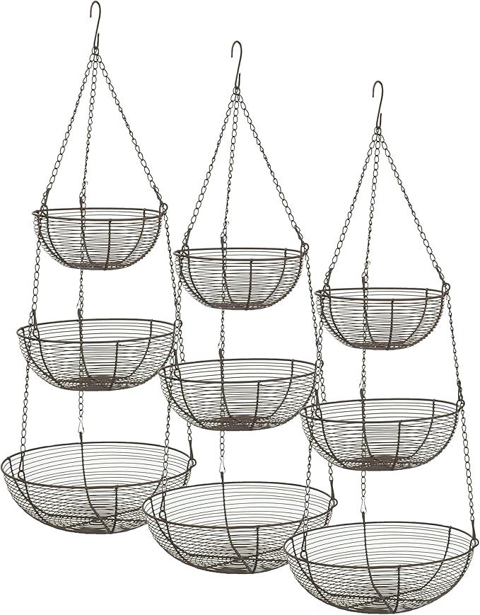 RSVP International Hanging Storage Collection 3-Tier Baskets, Bronze Woven Wire (Pack of 3)