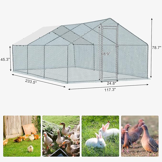 VINGLI Large Metal Chicken Coop for Chickens, Walk-in Chicken Run with Waterproof Anti-UV Cover, Heavy-Duty Chicken Pen with Security Lock for Outdoor Backyard Farm Use (19.7'Lx9.8'Wx6.5'H)